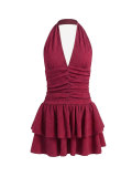 Summer Women's Sexy Party Solid V Halter Neck Pleated Slim Waist Ruffle Tiered Mini Dress