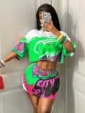 Fashion Casual Streetwear Racing Style Abstract Print T-Shirt and Low Waist Tight Fitting Skirt Set