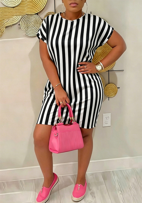 Summer Women's Casual Career Vertical Stripe Round Neck Short Sleeve Straight Dress