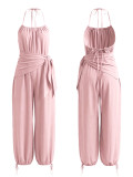Summer Women's Casual Solid Halter Neck Sleeveless Loose Jumpsuit