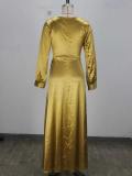 Women's Solid Satin Cowl Neck Lantern Sleeve Slim Waist Split Maxi Dress