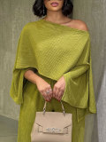 Women's Career Solid Textured Slash Shoulder Bat Sleeve Wide Leg Pants Casual Two-Piece Set