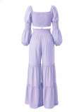 Women's Casual Holiday Smocked Slim Waist Puff Sleeve Crop Top & Ruffle Pants Set