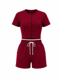 Summer Women's Casual Ribbed Button Front Short Sleeve Color Block Drawstring Two-Piece Shorts Set