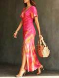 Summer Women's V-Neck Flutter Sleeve Tie-Dye Pleated Slim Fit High Split Holiday Dress