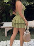 Summer Women's Sexy Party Solid V Halter Neck Pleated Slim Waist Ruffle Tiered Mini Dress