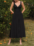 Sexy Fashion Deep V-Neck Slim Waist A-line Ruched Strap Dress