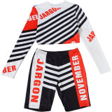 Summer Women's Fashion Style Striped Print Round Neck Crop Long Sleeve Top & Pants Set
