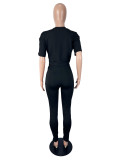 Women's Sexy Fashion Round Neck Ripped Studded Two-Piece Pants Set