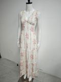 Lace Patchwork Sexy V-Neck Printed Slim Waist Strap Dress