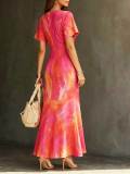 Summer Women's V-Neck Flutter Sleeve Tie-Dye Pleated Slim Fit High Split Holiday Dress
