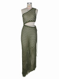 Women's Beach Party Slash Shoulder Knitted Cutout Open Waist Asymmetrical Fringe Cover-Up Dress