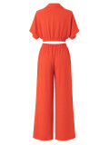 Summer Women's Casual Solid Turndown Collar V-Neck Crop Short Sleeve Top & High Waist Wide Leg Pants Set