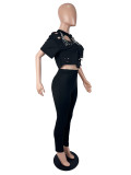 Women's Sexy Fashion Round Neck Ripped Studded Two-Piece Pants Set