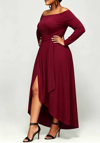 Plus Size Off Shoulder Long Sleeve Ruched High Waist Split Asymmetrical Dress