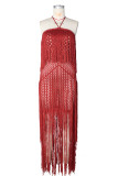 Women's Holiday Halter Neck Fringe Knitted Cutout Low Back Split Beach Cover-Up Dress