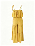 Summer Women's Bohemian Holiday Solid Tie Strap Top & Wide Leg Pants Set