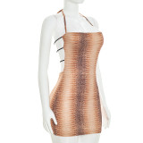 Autumn Women's Sexy Animal Print Sleeveless Halter Neck Lace-Up Low Back Mini Dress