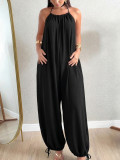Summer Women's Casual Solid Halter Neck Sleeveless Loose Jumpsuit