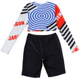 Summer Women's Fashion Style Striped Print Round Neck Crop Long Sleeve Top & Pants Set