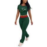 Women's Casual Sports Letter Print Stretch Short Sleeve Two-Piece Pants Set