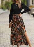 Summer Women's Slim Fit Patchwork Leopard Print Split Long Sleeve Dress