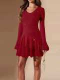 Women's Chic Elegant V-Neck Bell Sleeve Slim Waist Asymmetrical Ruffle Dress