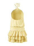 Summer Women's Holiday Solid Halter Neck Tie-Up Low Back Layered Ruffle Mini Dress