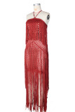 Women's Holiday Halter Neck Fringe Knitted Cutout Low Back Split Beach Cover-Up Dress