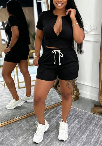 Summer Women's Casual Ribbed Button Front Short Sleeve Color Block Drawstring Two-Piece Shorts Set