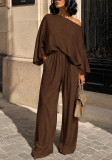 Women's Career Solid Textured Slash Shoulder Bat Sleeve Wide Leg Pants Casual Two-Piece Set