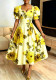 Women's Print Square Neck Puff Short Sleeve Slim Waist Formal Party Dress