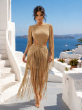 Women's Beach Party Fringe Cutout Waist Lace-Up Bodycon Mini Dress