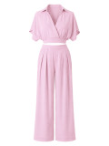 Summer Women's Casual Solid Turndown Collar V-Neck Crop Short Sleeve Top & High Waist Wide Leg Pants Set