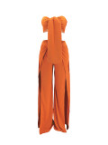 Summer Women's Sexy Holiday Strapless Tie-Front Crop Top & High Split Wide Leg Pants Set
