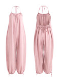 Summer Women's Casual Solid Halter Neck Sleeveless Loose Jumpsuit
