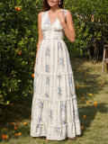 Lace Patchwork Sexy V-Neck Printed Slim Waist Strap Dress