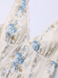 Lace Patchwork Sexy V-Neck Printed Slim Waist Strap Dress