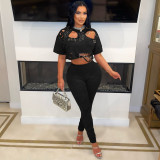 Women's Sexy Fashion Round Neck Ripped Studded Two-Piece Pants Set