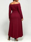 Plus Size Off Shoulder Long Sleeve Ruched High Waist Split Asymmetrical Dress