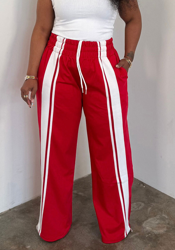 Women's Casual Sports Color Block Stripe Drawstring High Waist Wide Leg Pants
