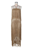 Women's Holiday Halter Neck Fringe Knitted Cutout Low Back Split Beach Cover-Up Dress