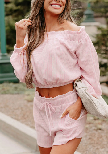 Summer Women's Solid Textured Off Shoulder Crop Top & Shorts Two-Piece Set