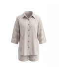 Women's Career Vertical Stripe Single-Breasted Short Sleeve Shirt & Drawstring Shorts Set