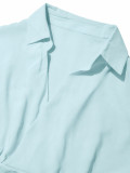 Summer Women's Casual Solid Turndown Collar V-Neck Crop Short Sleeve Top & High Waist Wide Leg Pants Set