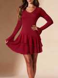 Women's Chic Elegant V-Neck Bell Sleeve Slim Waist Asymmetrical Ruffle Dress