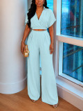 Summer Women's Casual Solid Turndown Collar V-Neck Crop Short Sleeve Top & High Waist Wide Leg Pants Set