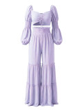 Women's Casual Holiday Smocked Slim Waist Puff Sleeve Crop Top & Ruffle Pants Set