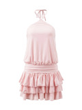 Summer Women's Holiday Solid Halter Neck Tie-Up Low Back Layered Ruffle Mini Dress