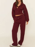 Women's Casual Sports Solid Hooded Zip-Up Hoodie & Drawstring Wide Leg Pants Set